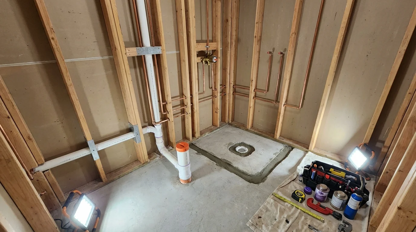 Bathroom rough-in plumbing during remodel by Johns Plumbing LLC in Bertram