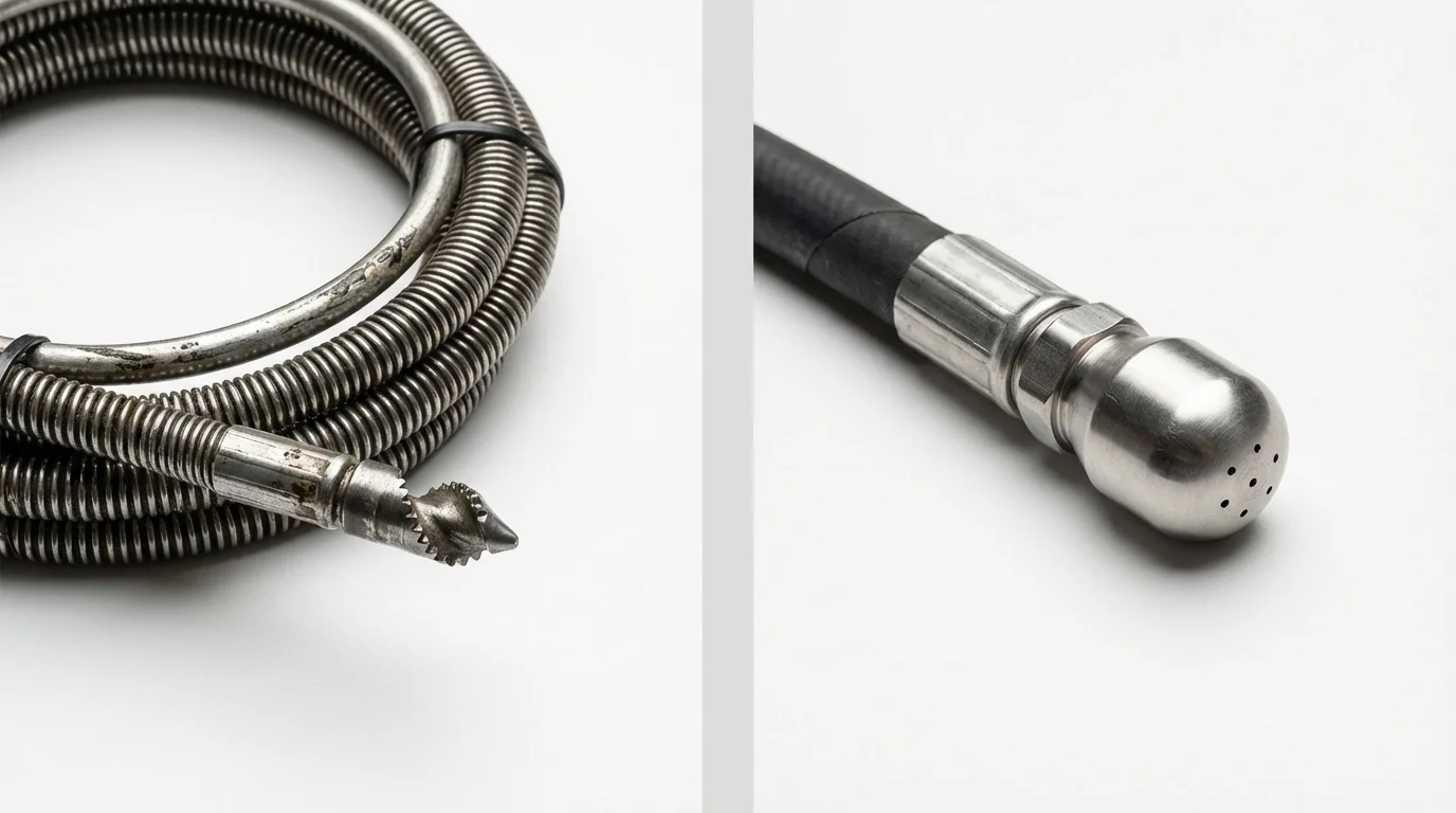 Drain snake cable and hydro jetting nozzle used for drain cleaning in Bertram, TX