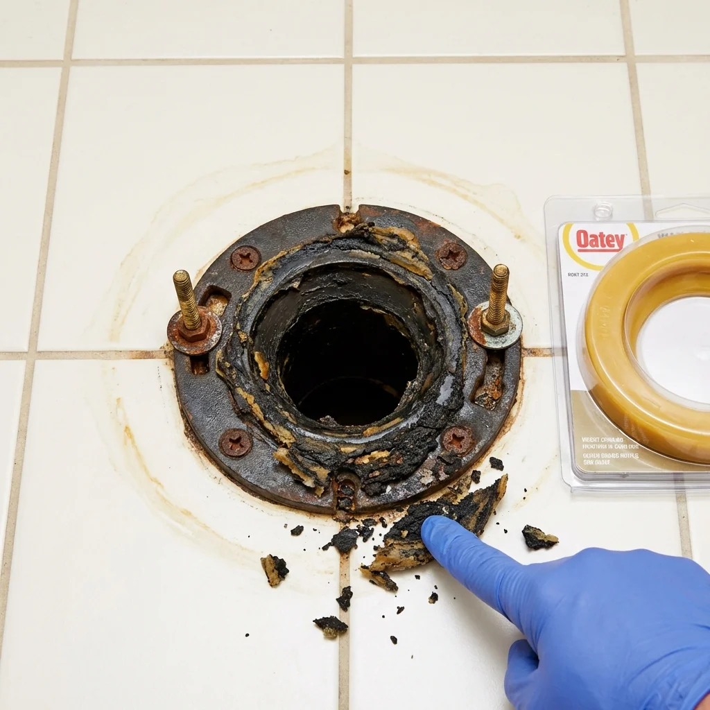 Failed wax ring showing water seepage at the base of a toilet in a Bertram, TX home