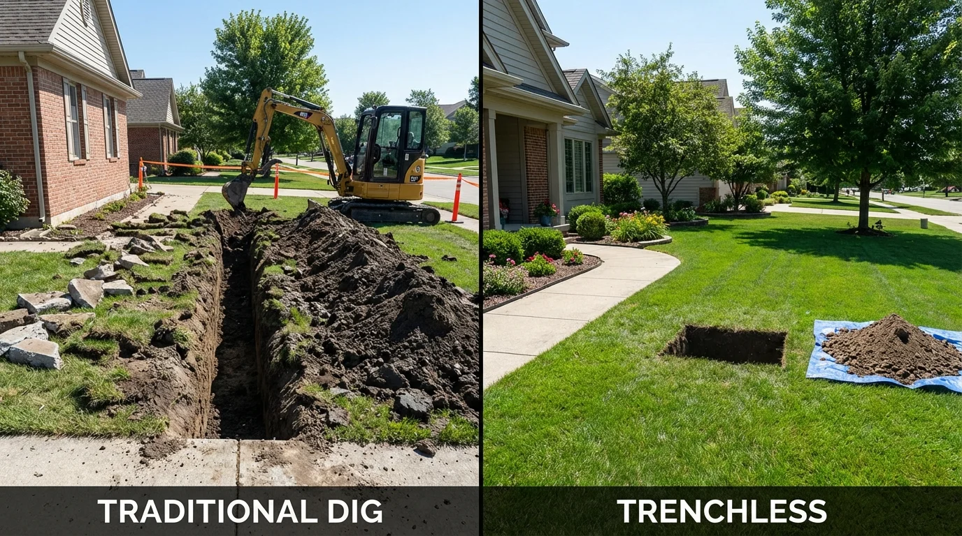 Trenchless sewer repair with minimal yard damage versus traditional excavation in Bertram, TX
